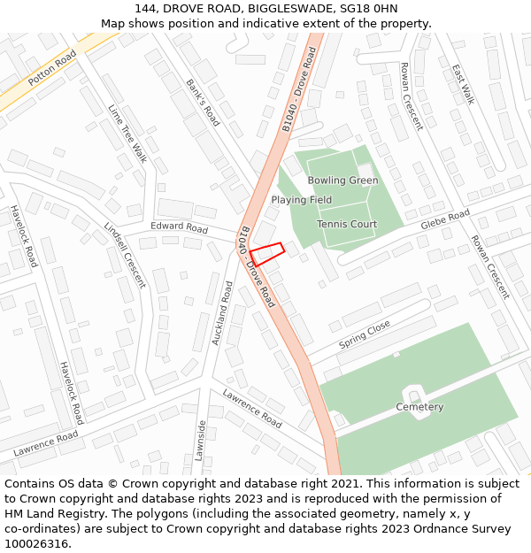 144, DROVE ROAD, BIGGLESWADE, SG18 0HN: Location map and indicative extent of plot