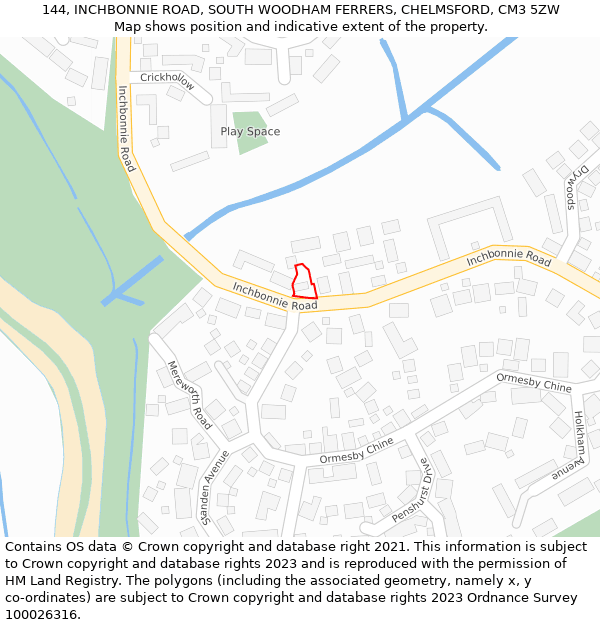 144, INCHBONNIE ROAD, SOUTH WOODHAM FERRERS, CHELMSFORD, CM3 5ZW: Location map and indicative extent of plot