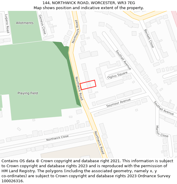 144, NORTHWICK ROAD, WORCESTER, WR3 7EG: Location map and indicative extent of plot