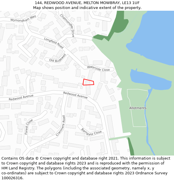 144, REDWOOD AVENUE, MELTON MOWBRAY, LE13 1UF: Location map and indicative extent of plot