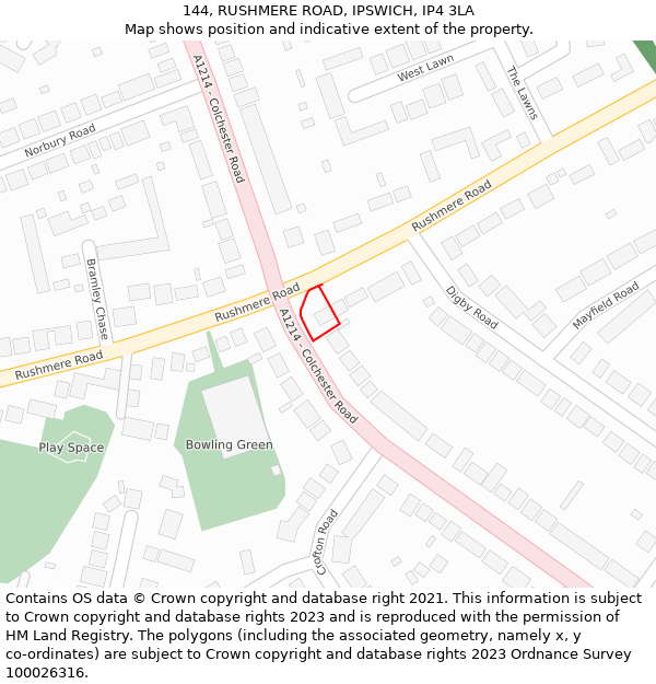 144, RUSHMERE ROAD, IPSWICH, IP4 3LA: Location map and indicative extent of plot