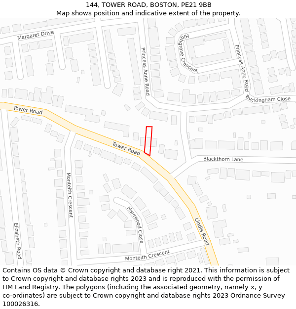 144, TOWER ROAD, BOSTON, PE21 9BB: Location map and indicative extent of plot