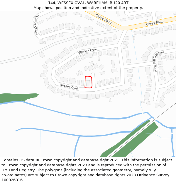 144, WESSEX OVAL, WAREHAM, BH20 4BT: Location map and indicative extent of plot