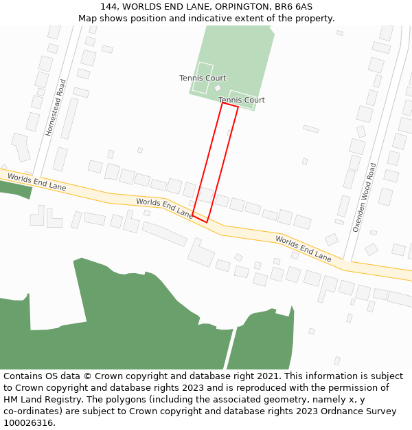 144, WORLDS END LANE, ORPINGTON, BR6 6AS: Location map and indicative extent of plot