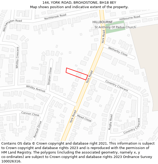 144, YORK ROAD, BROADSTONE, BH18 8EY: Location map and indicative extent of plot
