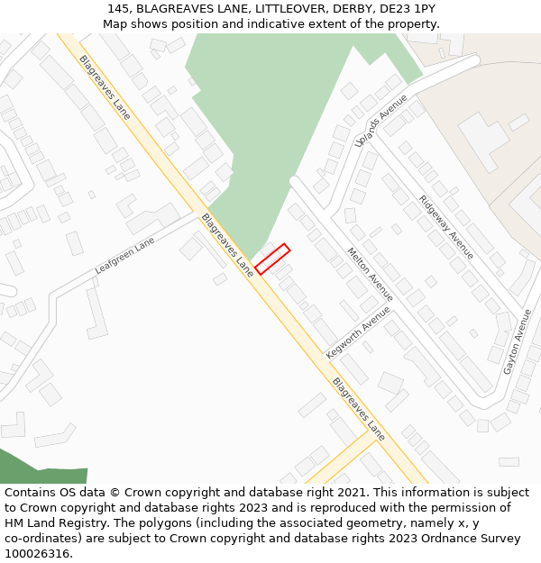 145, BLAGREAVES LANE, LITTLEOVER, DERBY, DE23 1PY: Location map and indicative extent of plot