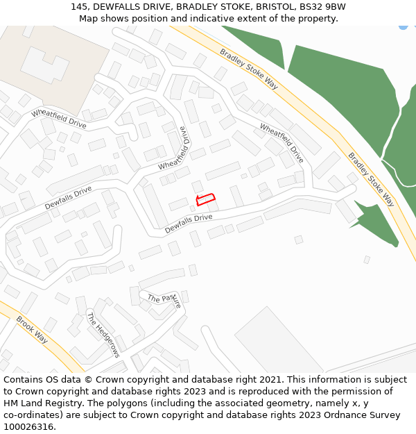 145, DEWFALLS DRIVE, BRADLEY STOKE, BRISTOL, BS32 9BW: Location map and indicative extent of plot