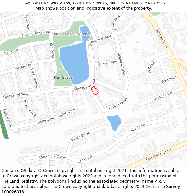 145, GREENSAND VIEW, WOBURN SANDS, MILTON KEYNES, MK17 8GS: Location map and indicative extent of plot