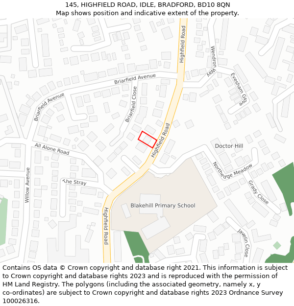 145, HIGHFIELD ROAD, IDLE, BRADFORD, BD10 8QN: Location map and indicative extent of plot