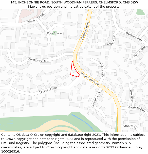 145, INCHBONNIE ROAD, SOUTH WOODHAM FERRERS, CHELMSFORD, CM3 5ZW: Location map and indicative extent of plot