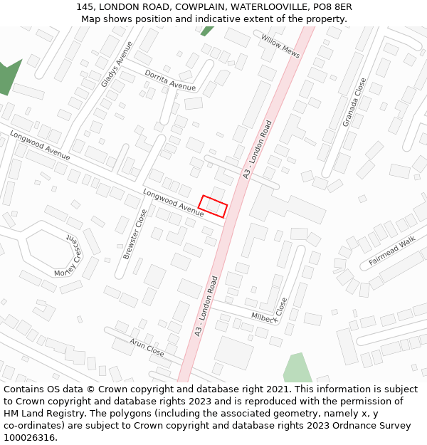 145, LONDON ROAD, COWPLAIN, WATERLOOVILLE, PO8 8ER: Location map and indicative extent of plot