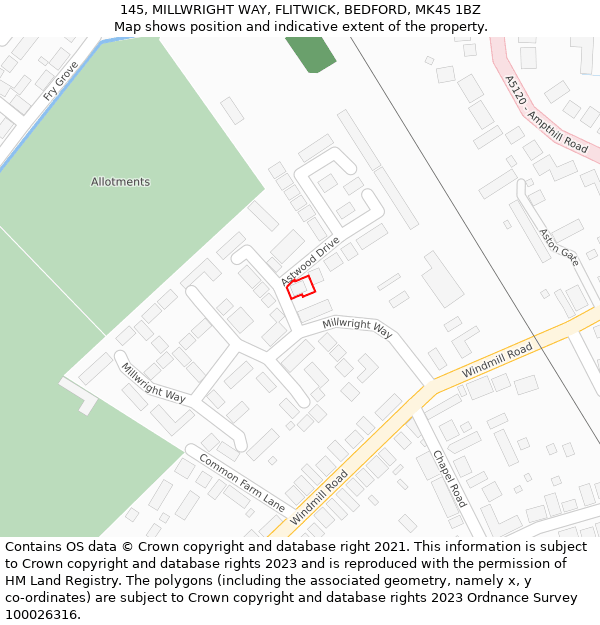 145, MILLWRIGHT WAY, FLITWICK, BEDFORD, MK45 1BZ: Location map and indicative extent of plot