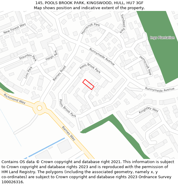 145, POOLS BROOK PARK, KINGSWOOD, HULL, HU7 3GF: Location map and indicative extent of plot