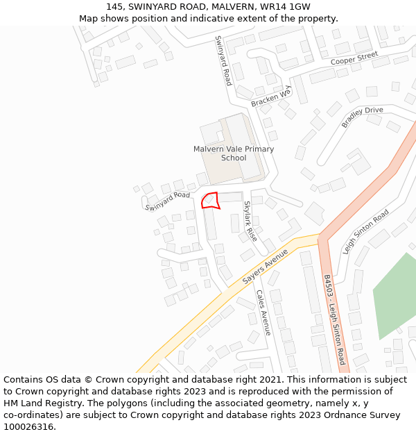 145, SWINYARD ROAD, MALVERN, WR14 1GW: Location map and indicative extent of plot