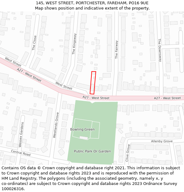 145, WEST STREET, PORTCHESTER, FAREHAM, PO16 9UE: Location map and indicative extent of plot