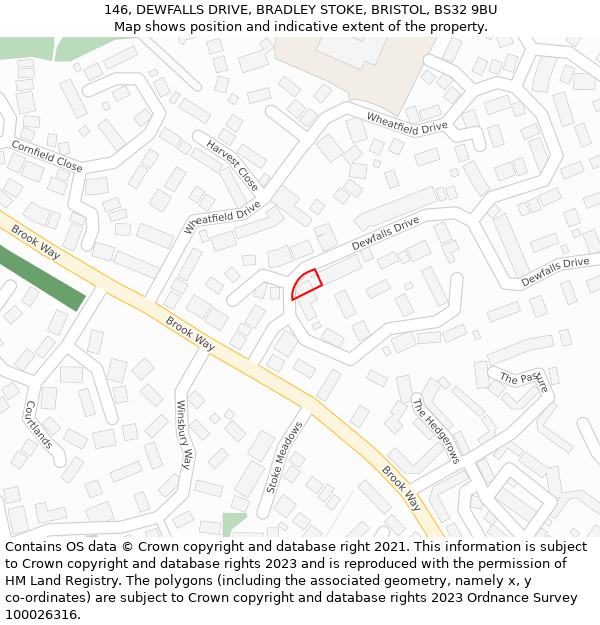 146, DEWFALLS DRIVE, BRADLEY STOKE, BRISTOL, BS32 9BU: Location map and indicative extent of plot