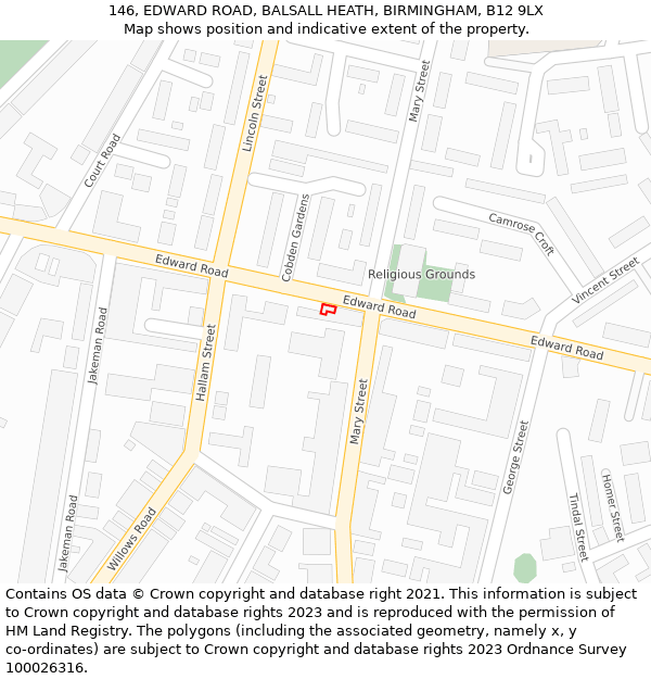 146, EDWARD ROAD, BALSALL HEATH, BIRMINGHAM, B12 9LX: Location map and indicative extent of plot