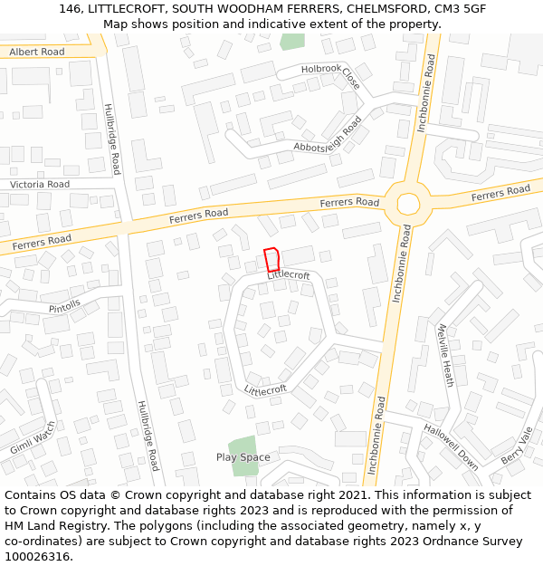 146, LITTLECROFT, SOUTH WOODHAM FERRERS, CHELMSFORD, CM3 5GF: Location map and indicative extent of plot