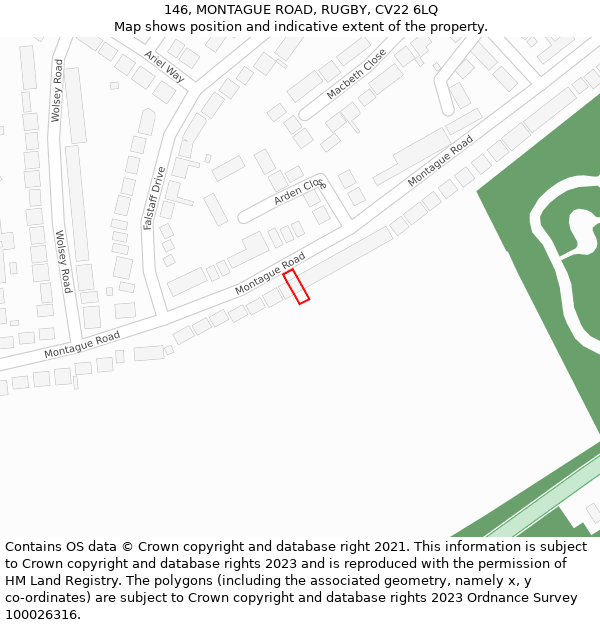 146, MONTAGUE ROAD, RUGBY, CV22 6LQ: Location map and indicative extent of plot