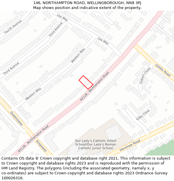 146, NORTHAMPTON ROAD, WELLINGBOROUGH, NN8 3PJ: Location map and indicative extent of plot