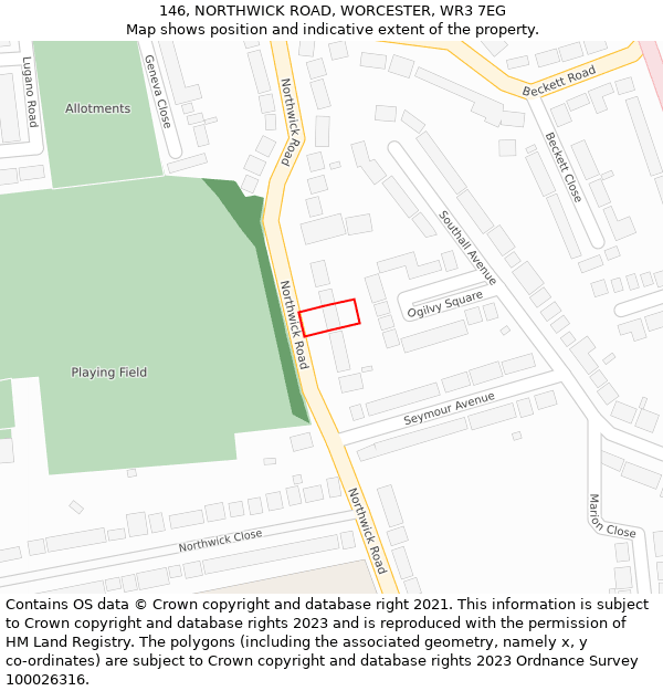 146, NORTHWICK ROAD, WORCESTER, WR3 7EG: Location map and indicative extent of plot