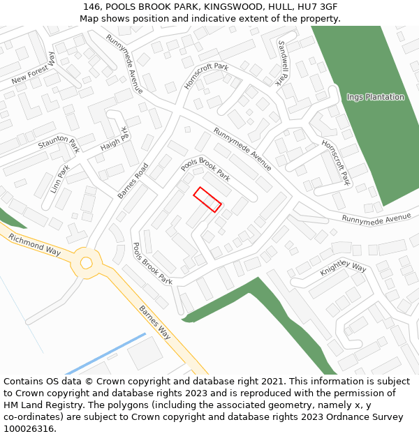 146, POOLS BROOK PARK, KINGSWOOD, HULL, HU7 3GF: Location map and indicative extent of plot