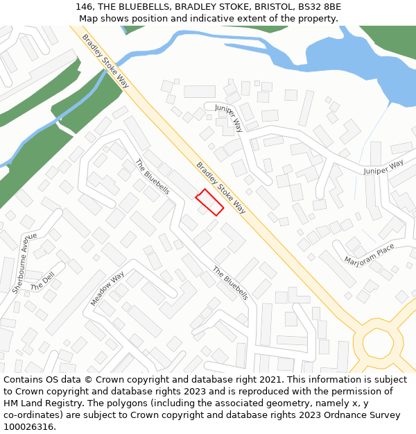 146, THE BLUEBELLS, BRADLEY STOKE, BRISTOL, BS32 8BE: Location map and indicative extent of plot
