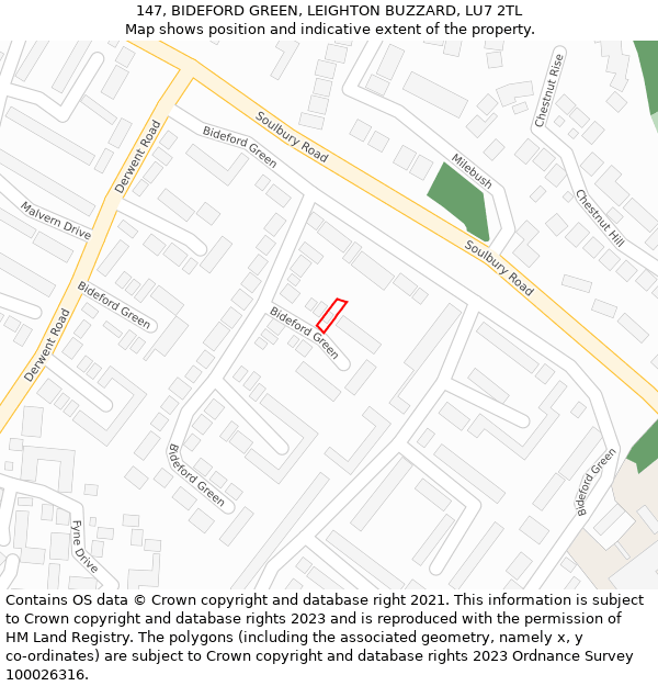 147, BIDEFORD GREEN, LEIGHTON BUZZARD, LU7 2TL: Location map and indicative extent of plot