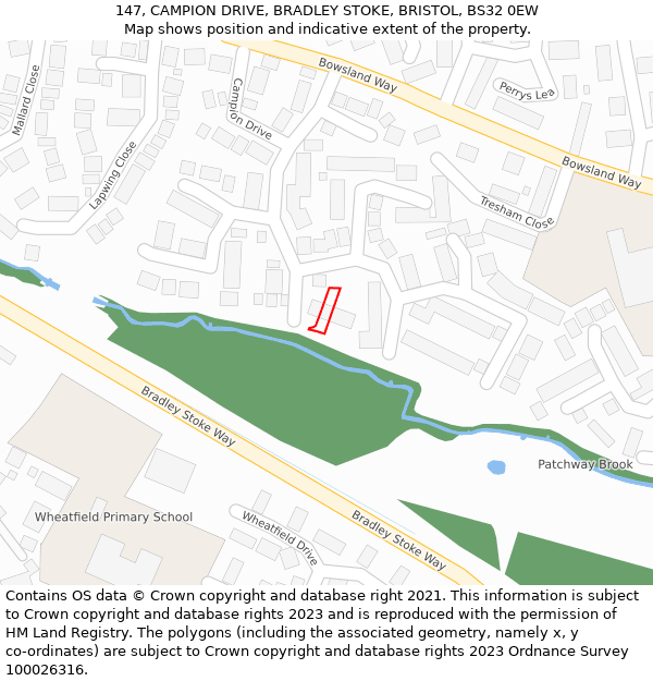 147, CAMPION DRIVE, BRADLEY STOKE, BRISTOL, BS32 0EW: Location map and indicative extent of plot