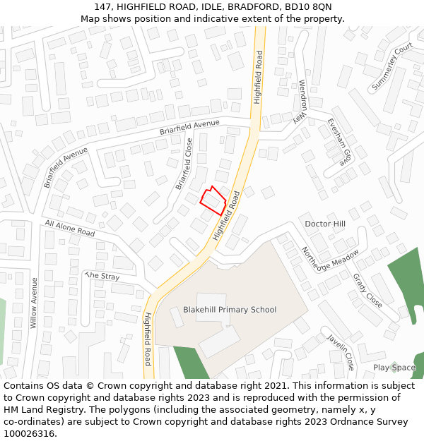 147, HIGHFIELD ROAD, IDLE, BRADFORD, BD10 8QN: Location map and indicative extent of plot