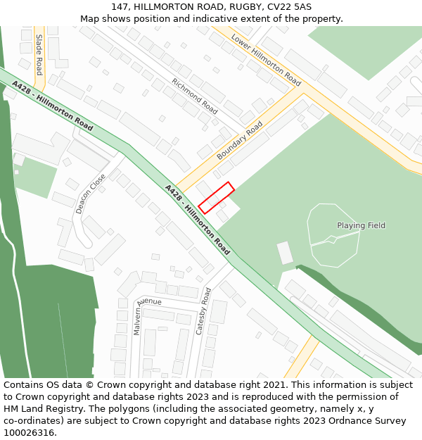 147, HILLMORTON ROAD, RUGBY, CV22 5AS: Location map and indicative extent of plot