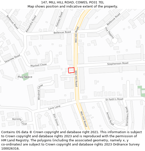 147, MILL HILL ROAD, COWES, PO31 7EL: Location map and indicative extent of plot