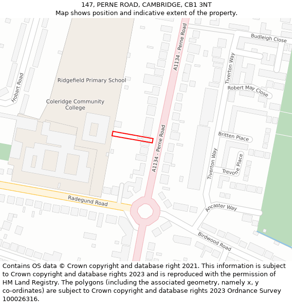 147, PERNE ROAD, CAMBRIDGE, CB1 3NT: Location map and indicative extent of plot