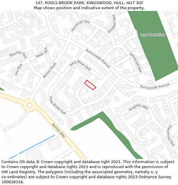 147, POOLS BROOK PARK, KINGSWOOD, HULL, HU7 3GF: Location map and indicative extent of plot