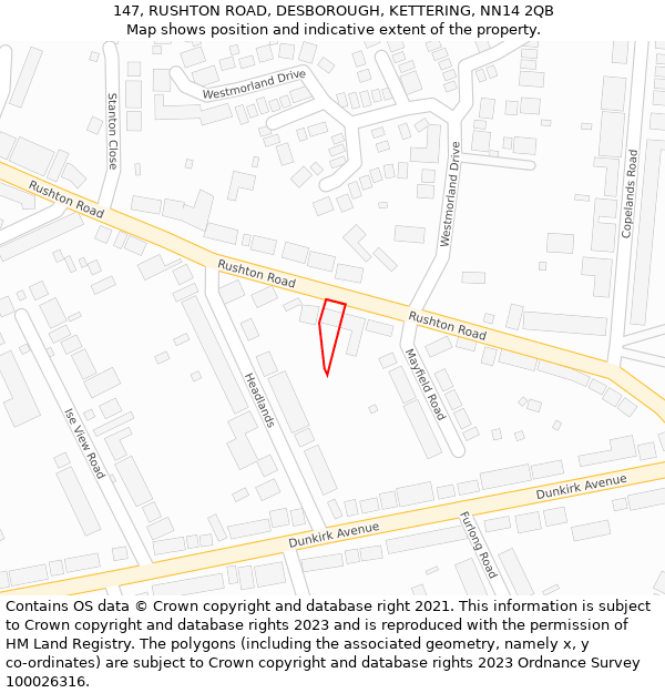 147, RUSHTON ROAD, DESBOROUGH, KETTERING, NN14 2QB: Location map and indicative extent of plot