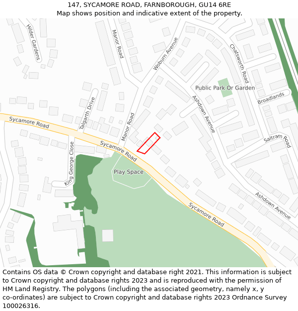147, SYCAMORE ROAD, FARNBOROUGH, GU14 6RE: Location map and indicative extent of plot