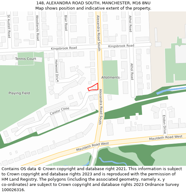 148, ALEXANDRA ROAD SOUTH, MANCHESTER, M16 8NU: Location map and indicative extent of plot