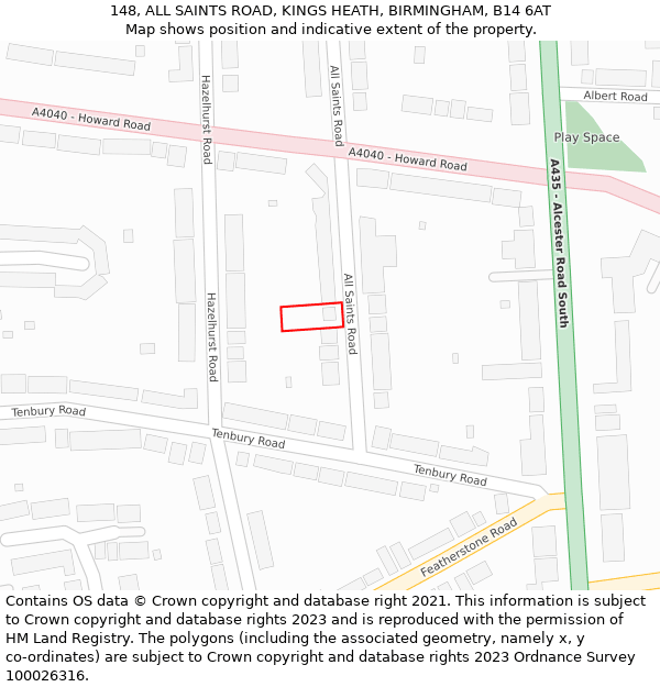 148, ALL SAINTS ROAD, KINGS HEATH, BIRMINGHAM, B14 6AT: Location map and indicative extent of plot