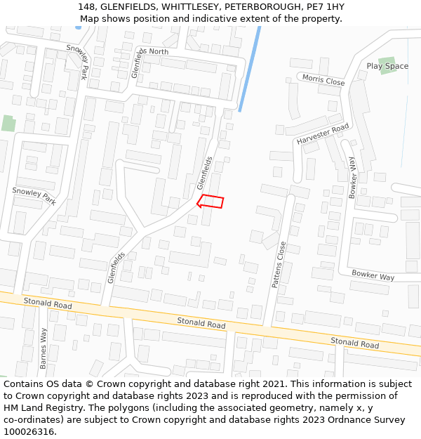 148, GLENFIELDS, WHITTLESEY, PETERBOROUGH, PE7 1HY: Location map and indicative extent of plot