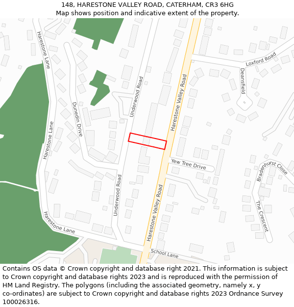 148, HARESTONE VALLEY ROAD, CATERHAM, CR3 6HG: Location map and indicative extent of plot
