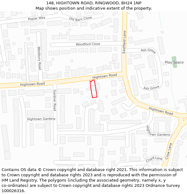 148, HIGHTOWN ROAD, RINGWOOD, BH24 1NP: Location map and indicative extent of plot