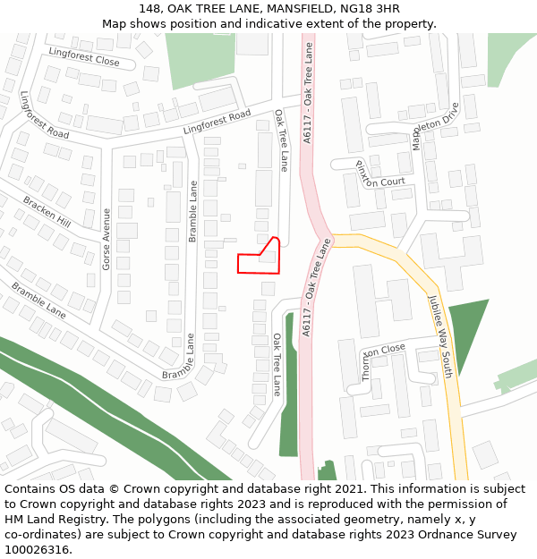 148, OAK TREE LANE, MANSFIELD, NG18 3HR: Location map and indicative extent of plot