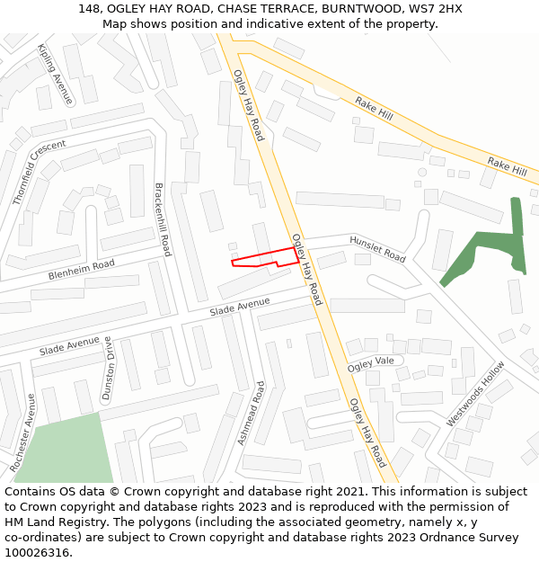 148, OGLEY HAY ROAD, CHASE TERRACE, BURNTWOOD, WS7 2HX: Location map and indicative extent of plot