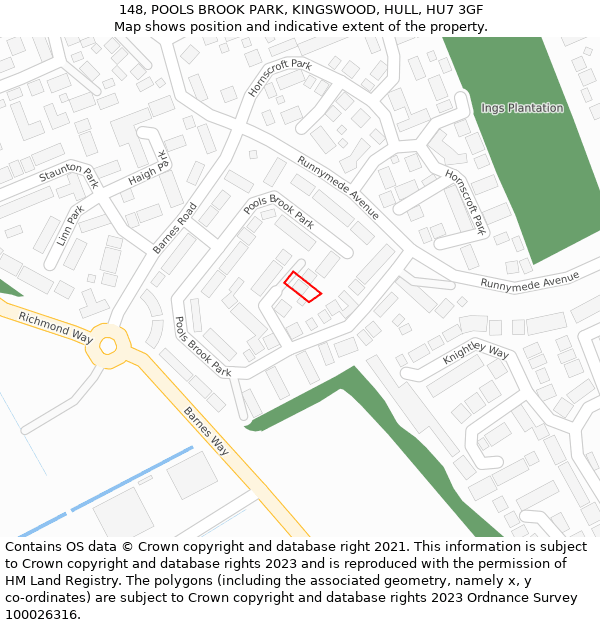 148, POOLS BROOK PARK, KINGSWOOD, HULL, HU7 3GF: Location map and indicative extent of plot