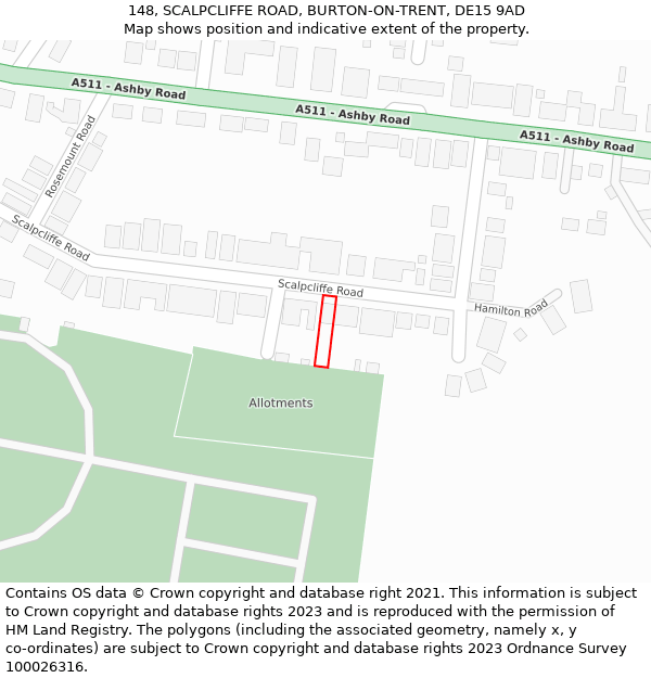 148, SCALPCLIFFE ROAD, BURTON-ON-TRENT, DE15 9AD: Location map and indicative extent of plot