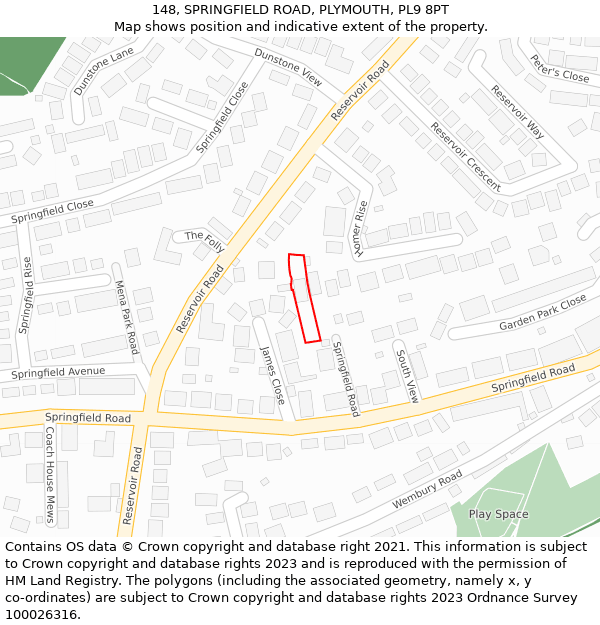 148, SPRINGFIELD ROAD, PLYMOUTH, PL9 8PT: Location map and indicative extent of plot