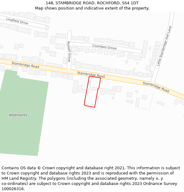 148, STAMBRIDGE ROAD, ROCHFORD, SS4 1DT: Location map and indicative extent of plot
