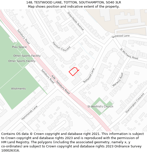 148, TESTWOOD LANE, TOTTON, SOUTHAMPTON, SO40 3LR: Location map and indicative extent of plot