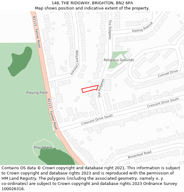 148, THE RIDGWAY, BRIGHTON, BN2 6PA: Location map and indicative extent of plot