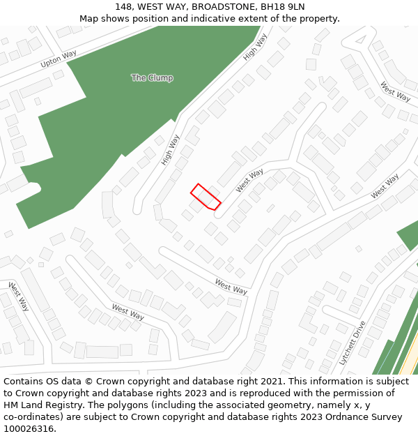 148, WEST WAY, BROADSTONE, BH18 9LN: Location map and indicative extent of plot